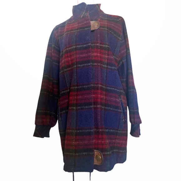 Fleet Street | Women’s Burgundy, Red, and Blue Plaid Wool Coat Size XL - Picture 4 of 15